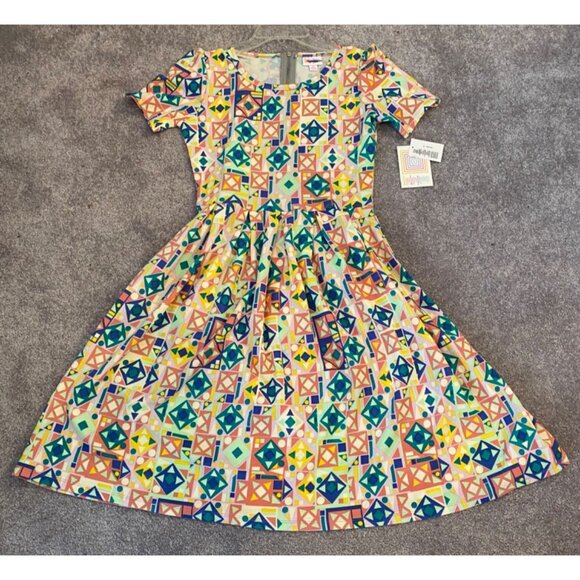 NWT LuLaRoe Amelia Yellow Geometric Print Dress Small - Picture 3 of 12